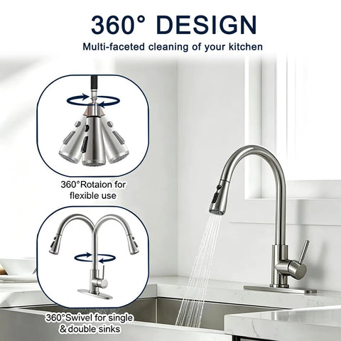 Heavy Duty Kitchen Faucet With Slick Pull Down Sprayer, Lead Free Stainless Steel Sink Tap, 360° design for versatile use.