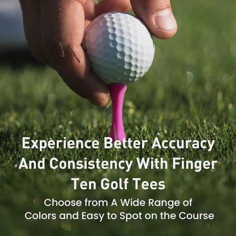 Hand placing golf ball on pink tee from Castle Golf Tees Set, Durable Plastic Step-Down Tees, Unbreakable 60 Count