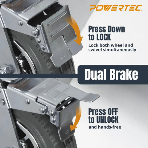 Close-up of dual brakes on 8-Inch Heavy Duty Caster Wheels Set Of 4 With Dual Locking Brakes Non-Pneumatic Polypropylene Tire