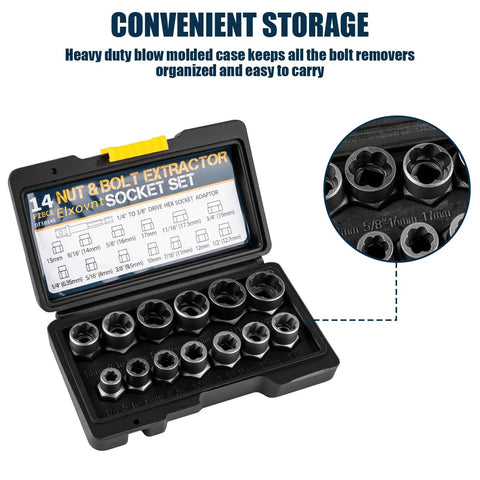 14 Piece Pro Grade CrMo Steel Bolt Extractor Set For Impact Removal Of Stripped Rusted Frozen Or Rounded Bolts And Nuts With Three Eighths Inch Drive Heavy Duty Nut And Bolt Remover Kit in hard case