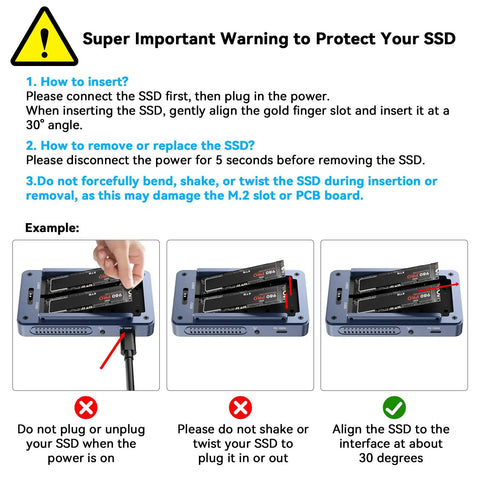 Game Changer Dual Bay Nvme Ssd Enclosure Dock With 40gbps Thunderbolt 4 Usb C Ports Built In Cooling Fan instructions for SSD insertion and removal.