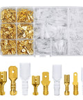 Grab This Ultimate 480-Piece U-Shaped Terminal Kit With Snazzier Cold Inserts And Small Teeth Terminals Perfect For Wiring Up To 1.5mm² Plus Heat Shrinkable Sleeves For Durable Male Female Spade Connectors That Are Totally Rad For Any Hotshot DIYer., 480-piece brass spade terminals with heat-shrink sleeves in a clear organizer