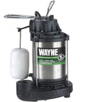 Wayne submersible sump pump with cast iron and stainless steel body, integrated vertical float switch, front view