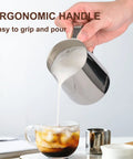 12oz Stainless Steel Milk Frother Pitcher For Lattes And Cappuccinos, Barista Grade Steaming Cup With Latte Art Pen pouring milk