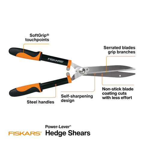 Power-Lever Hedge Shears 23-Inch With Self-Sharpening Blades For Thick Branches And Dense Hedges Lightweight 2.6 Pound Tool, steel handles
