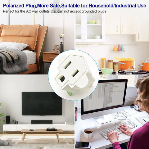 Three Prong To Two Prong Grounding Outlet Converter shown in home settings, highlighting its use with various appliances.