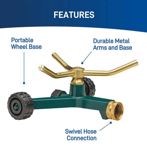 Three Arm Metal Lawn Sprinkler With Wheel Base For Garden Irrigation Full Circle Coverage Up To Fifty Feet Diameter Even Water Distribution Adjustable Gentle Stream Durable Yard Sprinkler featuring swivel hose connection and portable wheel base.