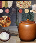Hella Durable Ceramic Cereal And Rice Dispenser With Seamless Airtight Lid, large brown jar with assorted grains and nuts.