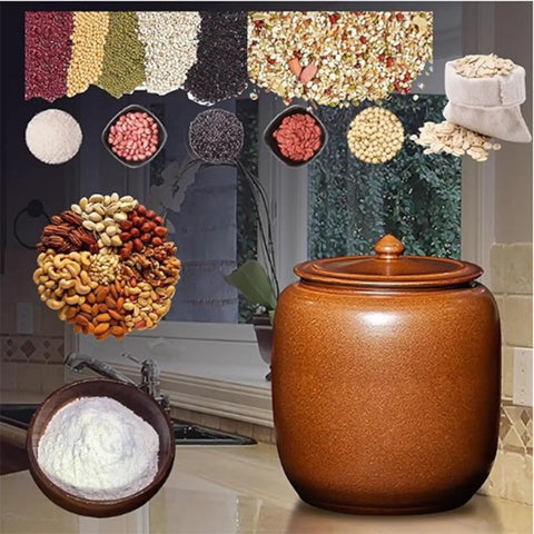 Hella Durable Ceramic Cereal And Rice Dispenser With Seamless Airtight Lid, large brown jar with assorted grains and nuts.