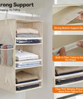Top Quality Double Pack Hanging Closet Organizer With Three Tier Foldable Build displaying neatly stacked clothes in beige fabric.