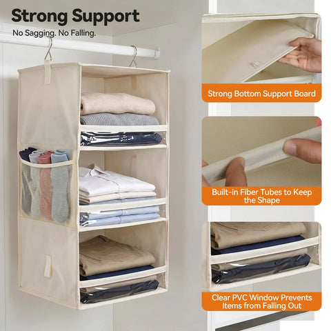 Top Quality Double Pack Hanging Closet Organizer With Three Tier Foldable Build displaying neatly stacked clothes in beige fabric.