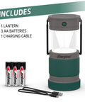 Hybrid Solar Lantern Go To Camping Buddy with 3 AA batteries and USB cable, showing water-resistant design and bright LED lighting.