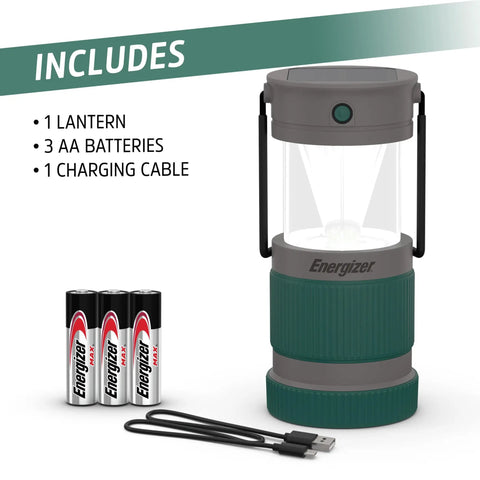 Hybrid Solar Lantern Go To Camping Buddy with 3 AA batteries and USB cable, showing water-resistant design and bright LED lighting.