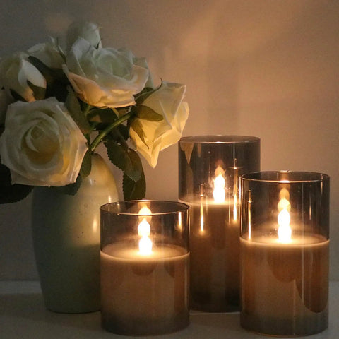 Gray Glass Flameless LED Candles Battery Powered With Timer And 10 Key Remote Real Wax Warm Flicker for home decor set of 3