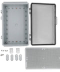 Big Abs Plastic Electrical Junction Box 175x275x110mm Waterproof Ip67 Enclosure with lid and mounting accessories laid out