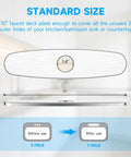 10 Inch Brushed Nickel Kitchen Faucet Deck Plate Cover for three hole sinks, 304 stainless steel, showcasing dimensions and installation use.