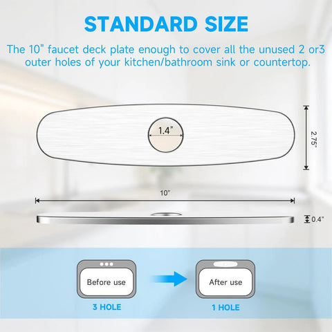 10 Inch Brushed Nickel Kitchen Faucet Deck Plate Cover for three hole sinks, 304 stainless steel, showcasing dimensions and installation use.