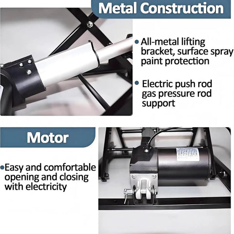 Close-up of metal construction and electric motor of Rock Solid Electric Scissor Lift Table With Adjustable Height And Wireless Remote Control.
