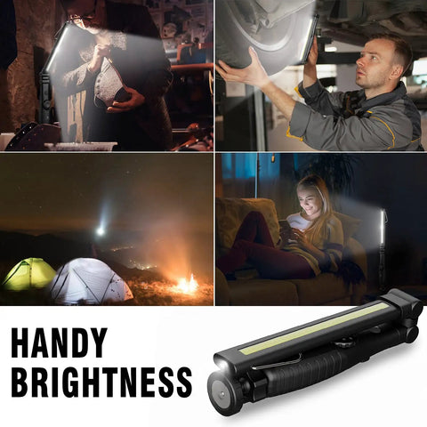 Portable LED Work Light With 700 Lumens COB in use for car repair, camping, reading, and emergency lighting, highlighting versatility.