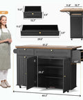 60 Inch Kitchen Island With Power Outlet And Drop Leaf, Rolling Kitchen Island Cart With Spice Rack and open cabinet storage