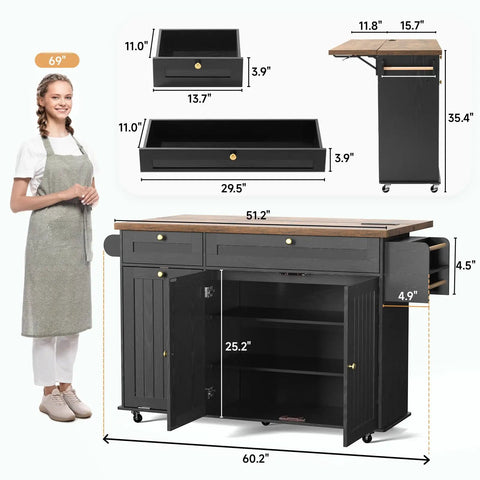 60 Inch Kitchen Island With Power Outlet And Drop Leaf, Rolling Kitchen Island Cart With Spice Rack and open cabinet storage
