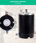 RV Hydraulic Pump Motor For Lippert Leveling System 12V Fits Slide Out And Leveling Jacks Plug And Play Direct OE Replacement 167576 414018 F000MM0809 045167567 15167576 15 167576 141111. Dimensional drawing showing pump motor measurements against RV background.