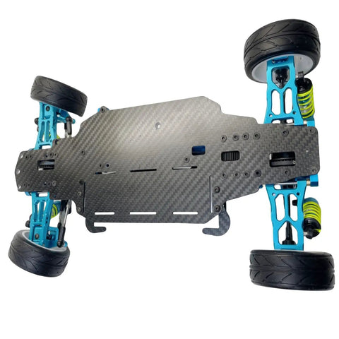 Bottom view of a 1 To 10 Scale Alloy And Carbon D4 AWD Drift RC Car Frame Kit for Electric Touring with 255mm Wheelbase 4WD Drifter.