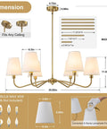 Dimensions of Smooth Operator 6 Light Brass Gold Chandelier With White Fabric Shades including height and width details.