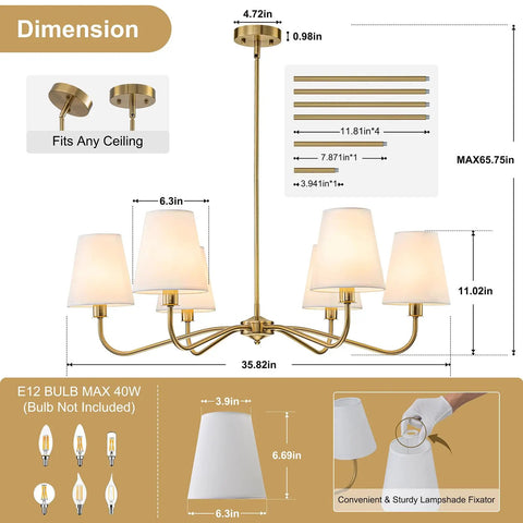 Dimensions of Smooth Operator 6 Light Brass Gold Chandelier With White Fabric Shades including height and width details.