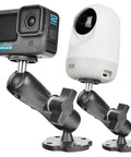 Built Like A Tank Heavy Duty Camera Wall Desk Mount With Dual Ball Heads And Full Rotation Aluminum Alloy Rig For Dslr Cctv And Ram B System With One Quarter Twenty Thread Slick Angle Adjustments, featuring two cameras on mounts.