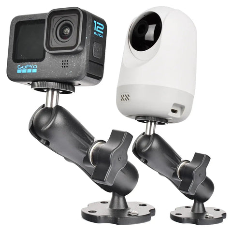 Built Like A Tank Heavy Duty Camera Wall Desk Mount With Dual Ball Heads And Full Rotation Aluminum Alloy Rig For Dslr Cctv And Ram B System With One Quarter Twenty Thread Slick Angle Adjustments, featuring two cameras on mounts.
