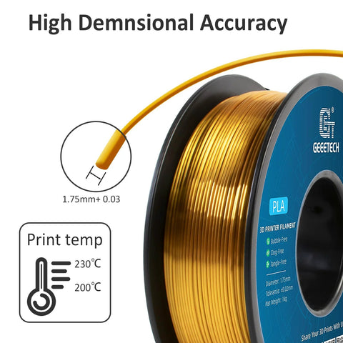 Geeetech Silk PLA filament, 1.75mm, metallic gold finish, 1 kg spool