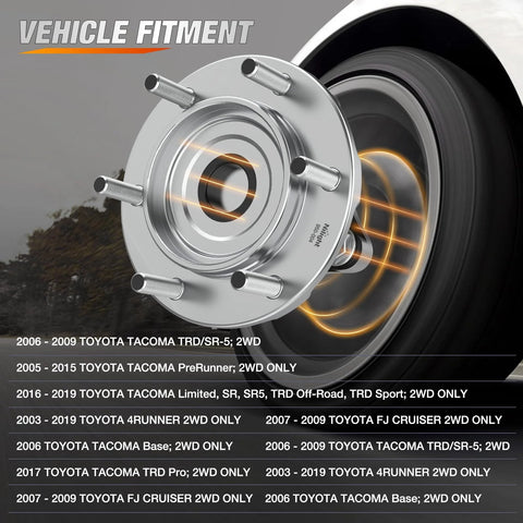 Front Wheel Bearing And Hub Assembly For Toyota Tacoma 2005 2019 4Runner 2003 2016 FJ Cruiser 2007 2009 Hilux 2005 2017 6 Lug 2WD ABS 950 004 2 Pack Premium Quality Replacement For Long Life And Smooth Performance, shown in a side view mounted on a vehicle wheel.