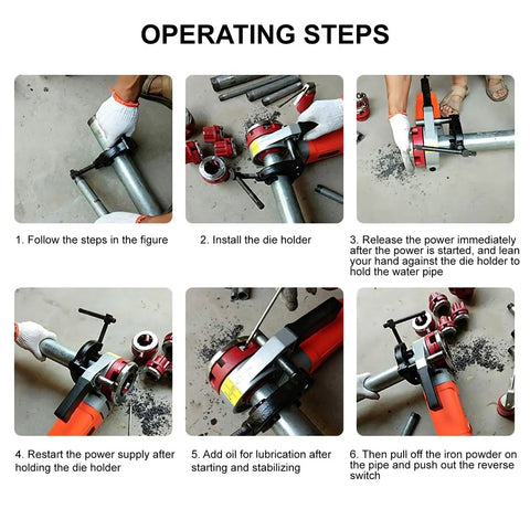 Step-by-step guide for using Rock Solid Electric Pipe Threader Handheld Threading Machine 110V with six swappable dies.