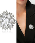 Blue Center Gem Rhinestone Flower Brooch For Women Eight Color Inlay Crystal Pins Jewelry Accessory on a black blazer