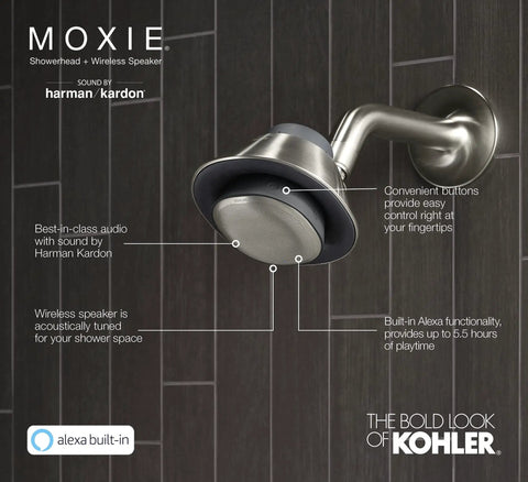 Moxie Alexa Enabled Showerhead With Dope Bluetooth Speaker And Radio Waterproof IPX7 Rated Shower Speaker in polished chrome