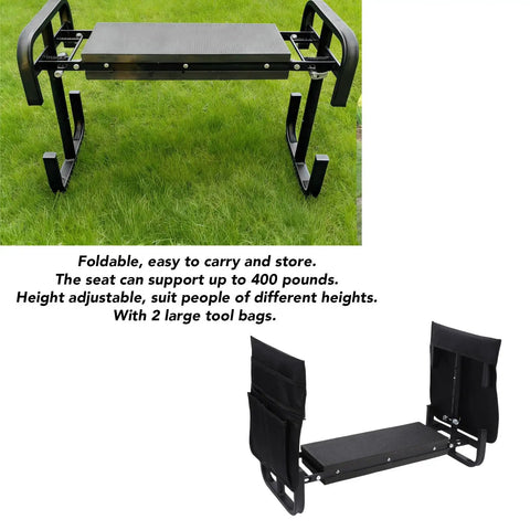 Foldable Garden Kneeler Seat Height Adjustable Stool Bench For Kneeling Or Sitting Tasks The Go To Gear For Gardening Camping And Picnics Sturdy Carbon Steel Frame Lightweight And Portable For Easy Transport, shown folded with tool bags.