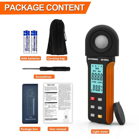 Illuminance Light Meter Digital Lux Meter 0.1 To 400000 Lux 270 Degree Rotatable Detector For Plants LED Grow Lights Indoor Outdoor For Photography And Home Use Pro Grade High Accuracy package contents with AAA batteries, bag, manual