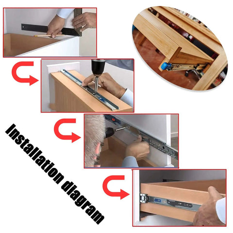 Installation diagram of Heavy Duty Drawer Slide Rails With Secure Locking System And Detachable Under Desk Keyboard Tray.