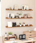 Three Piece Floating Wall Shelves Set With 47 Inch Long Ledges Raised Edge And Hidden Brackets Rustic Brown Dope Space Saver For Bathroom Kitchen Bedroom Office Living Room Decor And Display Storage, mounted with books and decor