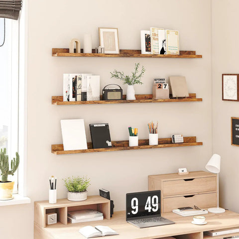 Three Piece Floating Wall Shelves Set With 47 Inch Long Ledges Raised Edge And Hidden Brackets Rustic Brown Dope Space Saver For Bathroom Kitchen Bedroom Office Living Room Decor And Display Storage, mounted with books and decor