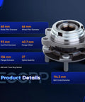 Pair Of Front Wheel Hub Bearing Assemblies HA590125 For Infiniti AWD Models Including EX35 EX37 FX35 FX45 FX50 G25 G35 G37 M35 M37 M45 M56 Direct Fit Replacement With ABS Sensor And Durable Hub Bearings displayed with detailed measurements and specs.