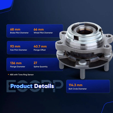 Pair Of Front Wheel Hub Bearing Assemblies HA590125 For Infiniti AWD Models Including EX35 EX37 FX35 FX45 FX50 G25 G35 G37 M35 M37 M45 M56 Direct Fit Replacement With ABS Sensor And Durable Hub Bearings displayed with detailed measurements and specs.