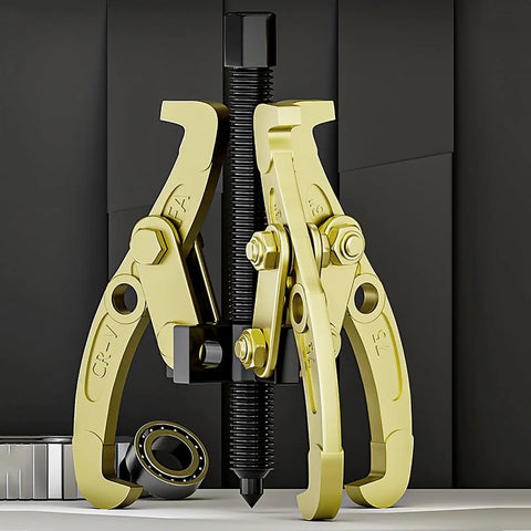 Shop Ready Heavy Duty Adjustable Bearing Puller Tool Forged From Tough Carbon Steel With Secure Handle Knocks Loose Stubborn Bushings And Gears Without Breaking A Sweat, showing gold claws and threaded shaft.
