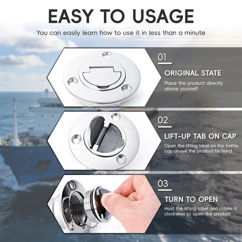 BocBoz 1-1/2 in stainless steel marine deck filler with keyless cap, 316 SS, mirror-polished angled neck, fits 1.5 in hose
