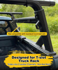 Close-up of a truck bed with T-slot rack system for crossbar channels, showing compatibility note for Heavy Duty T Track Mount Tie Down Anchor For Roof Racks And Truck Beds No Nonsense M8 Stainless Steel Eye Bolts And Rings To Secure Bungee Cords Ropes Straps And Kayak Gear Keeping Your Gear Safe And Ready.