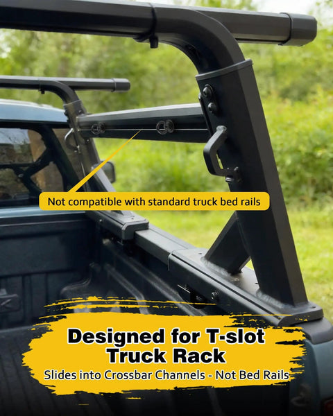 Close-up of a truck bed with T-slot rack system for crossbar channels, showing compatibility note for Heavy Duty T Track Mount Tie Down Anchor For Roof Racks And Truck Beds No Nonsense M8 Stainless Steel Eye Bolts And Rings To Secure Bungee Cords Ropes Straps And Kayak Gear Keeping Your Gear Safe And Ready.