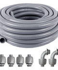 1-1/4 Inch Flexible Liquid Tight Electrical Conduit Kit With 25 Ft Length Includes 4 Straight And 2 Angle Fittings, Non Metallic