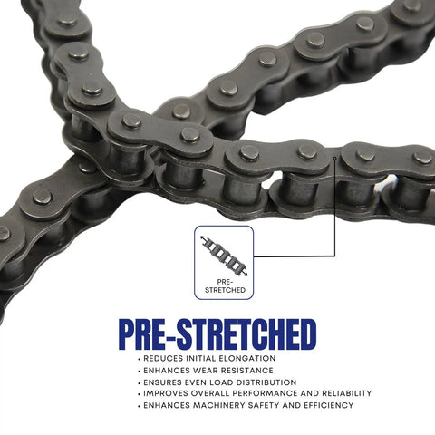 Close-up of beefy heavy duty ANSI 25H roller chain 3 ft with one connecting link, 0.250 inch pitch, pre-stretched for durability.