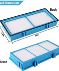 Dimensions of Post Filter Replacement HAPF30AT Pack For AER1 Series True HEPA Filters, showing front and back angles with measurements